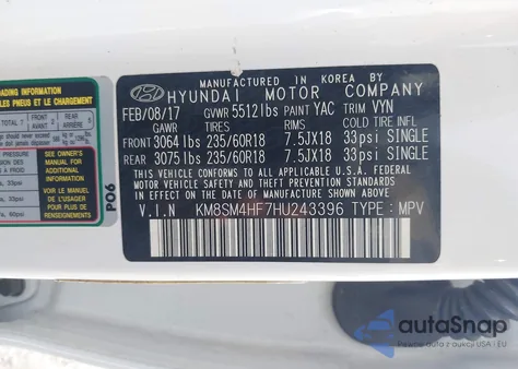 2017 Hyundai Santa Fe Se z USA, uszkodzony, nr VIN KM8SM4HF7HU243396